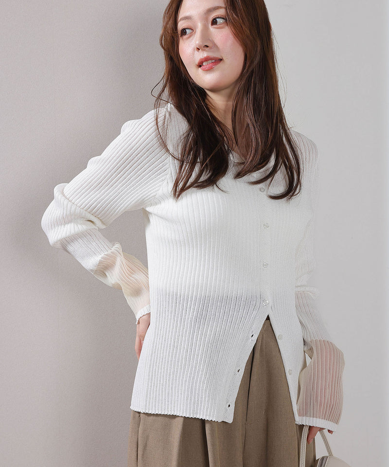 【さりげない透け感で差をつける】袖口シアー リブ クルーネック カーディガン