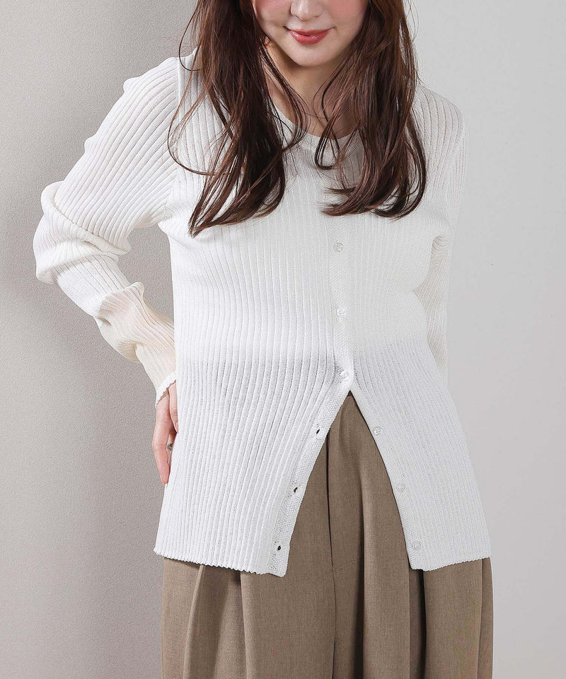 【さりげない透け感で差をつける】袖口シアー リブ クルーネック カーディガン