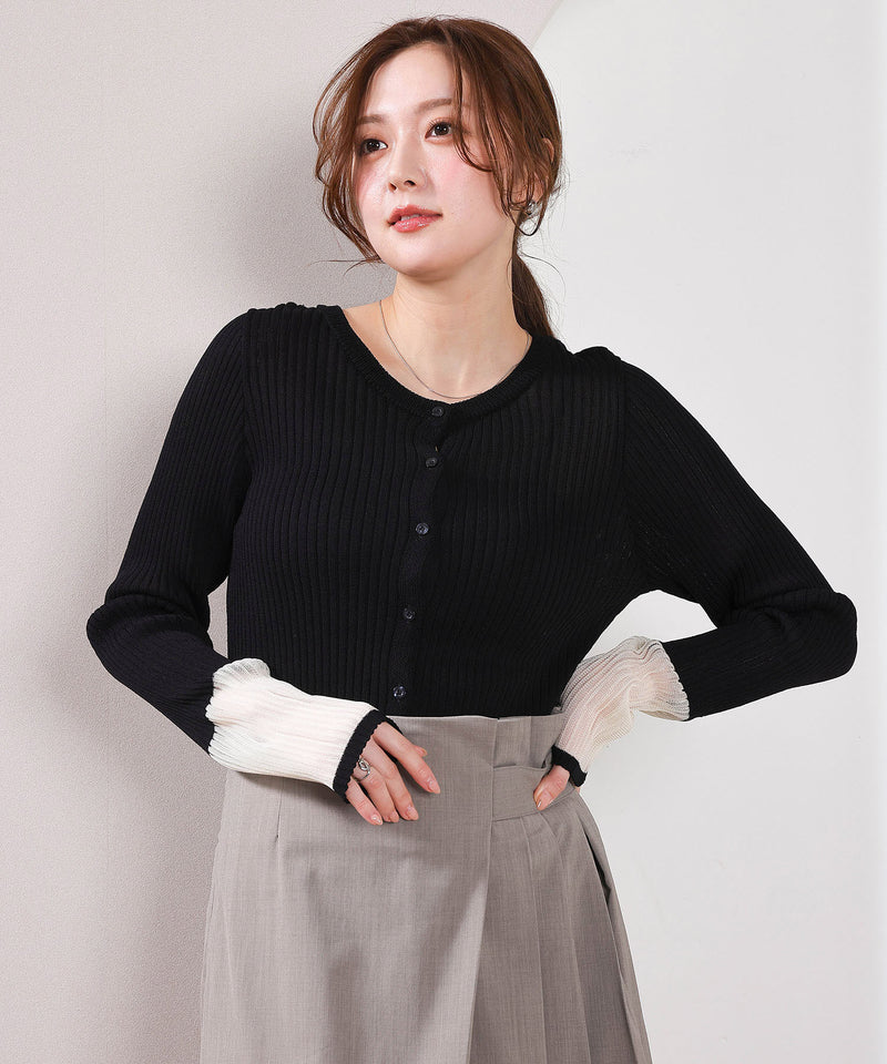 【さりげない透け感で差をつける】袖口シアー リブ クルーネック カーディガン
