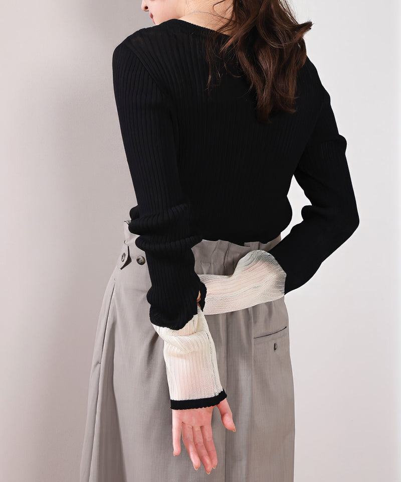 【さりげない透け感で差をつける】袖口シアー リブ クルーネック カーディガン