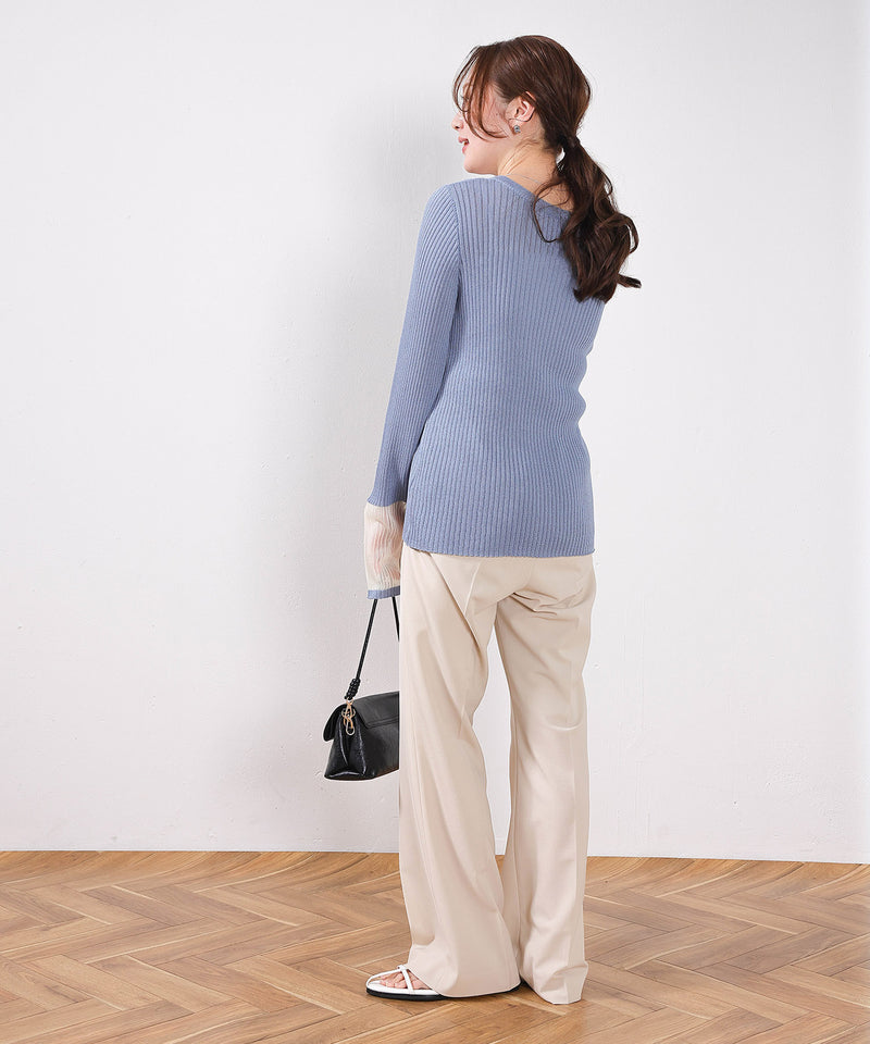 【さりげない透け感で差をつける】袖口シアー リブ クルーネック カーディガン