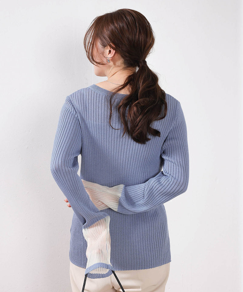 【さりげない透け感で差をつける】袖口シアー リブ クルーネック カーディガン