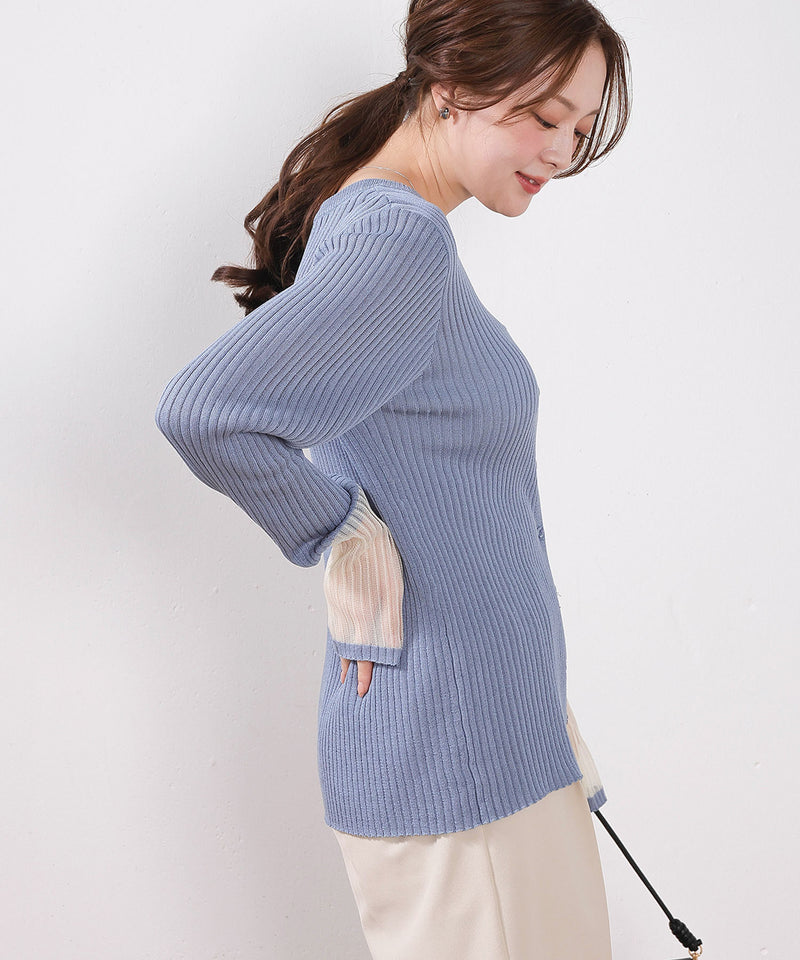 【さりげない透け感で差をつける】袖口シアー リブ クルーネック カーディガン