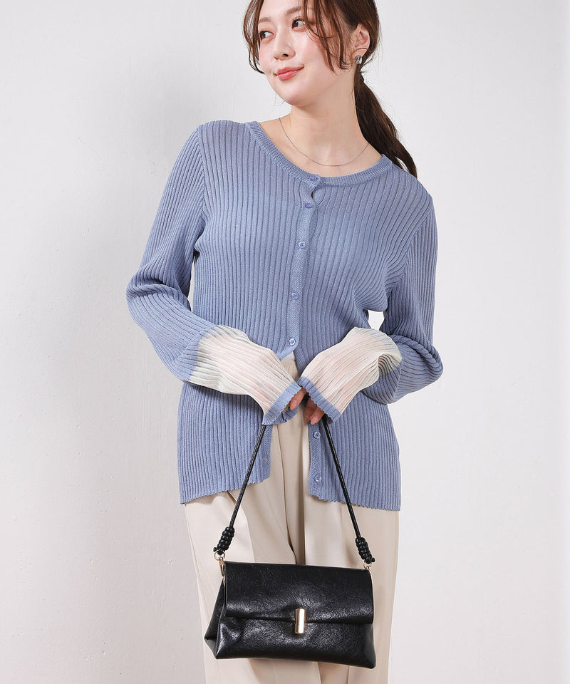 【さりげない透け感で差をつける】袖口シアー リブ クルーネック カーディガン