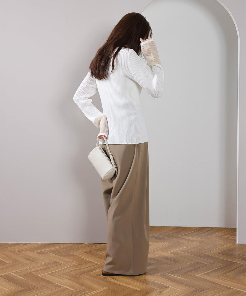 【さりげない透け感で差をつける】袖口シアー リブ クルーネック カーディガン