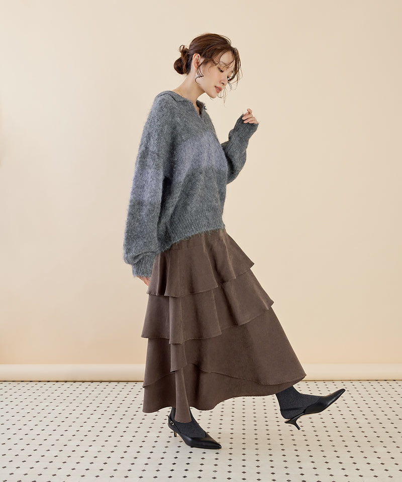 【スキッパーネックで抜け感アップ】シャギー配色スキッパーニットプルオーバー