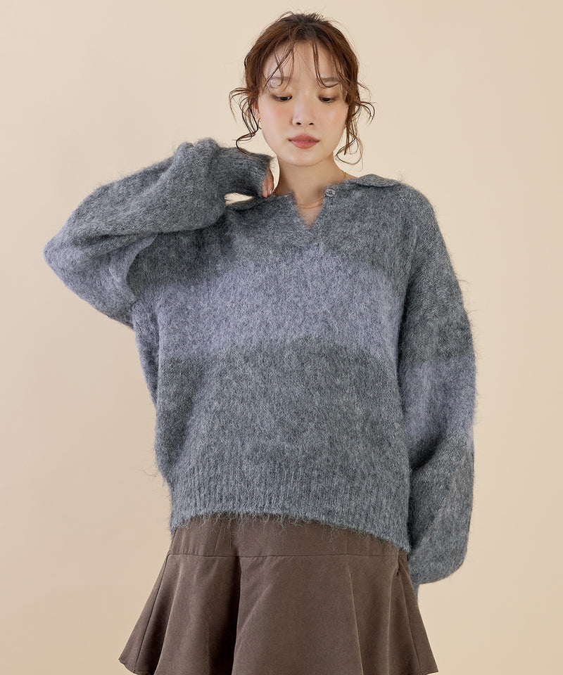 【スキッパーネックで抜け感アップ】シャギー配色スキッパーニットプルオーバー