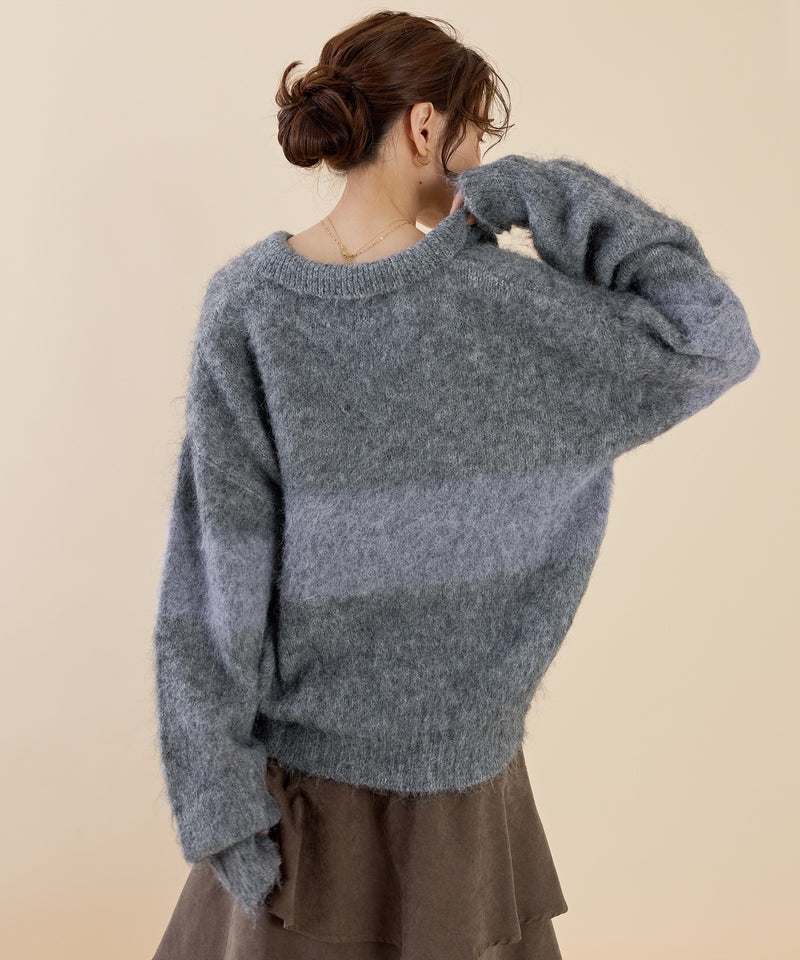 【スキッパーネックで抜け感アップ】シャギー配色スキッパーニットプルオーバー