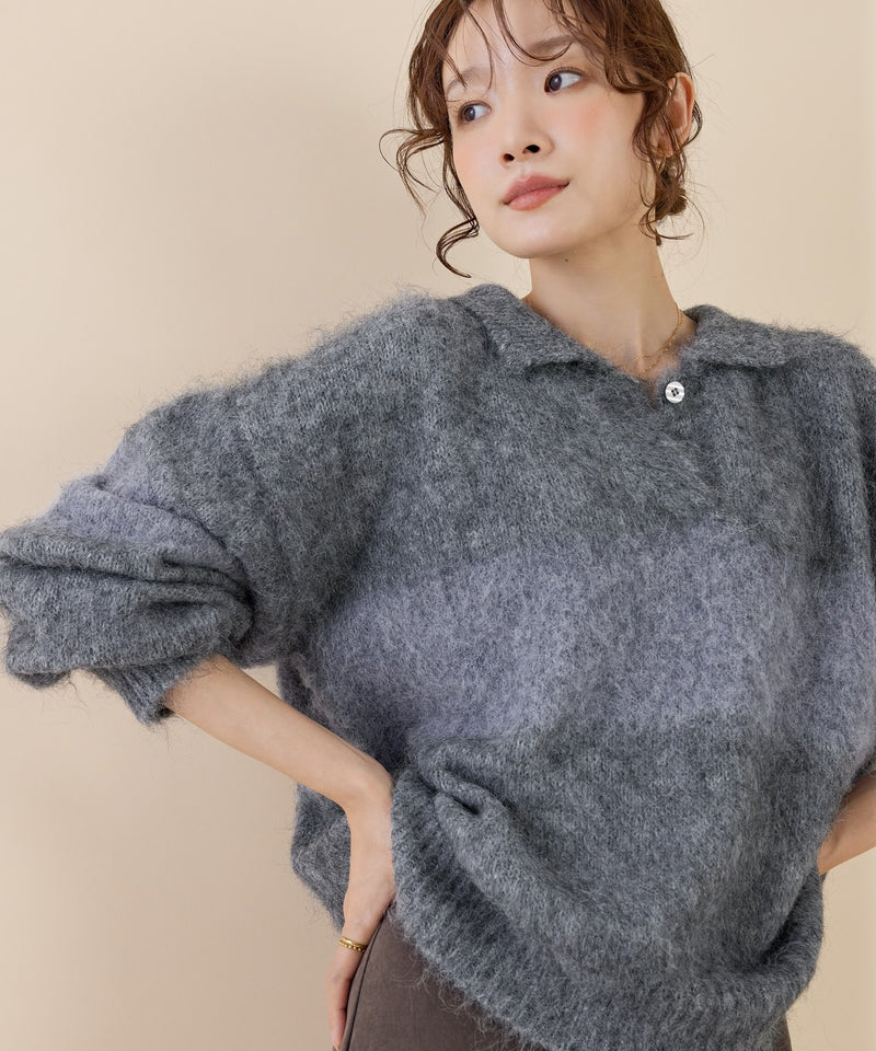 【スキッパーネックで抜け感アップ】シャギー配色スキッパーニットプルオーバー