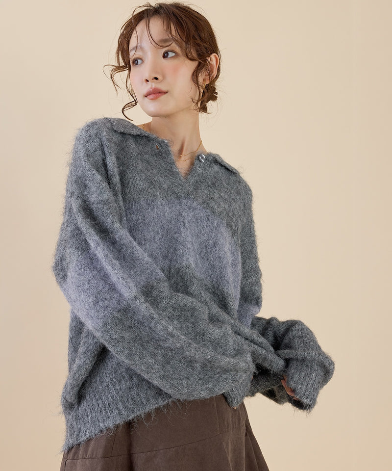 【スキッパーネックで抜け感アップ】シャギー配色スキッパーニットプルオーバー
