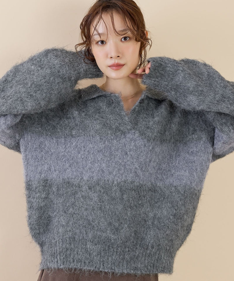 【スキッパーネックで抜け感アップ】シャギー配色スキッパーニットプルオーバー
