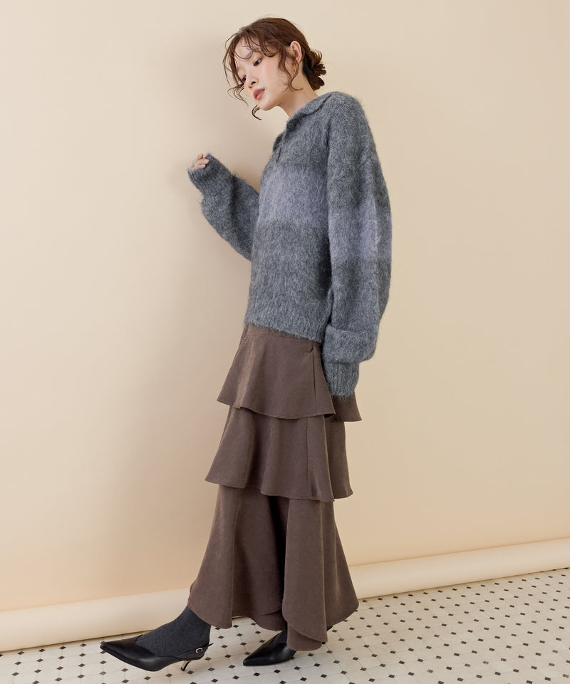 【スキッパーネックで抜け感アップ】シャギー配色スキッパーニットプルオーバー