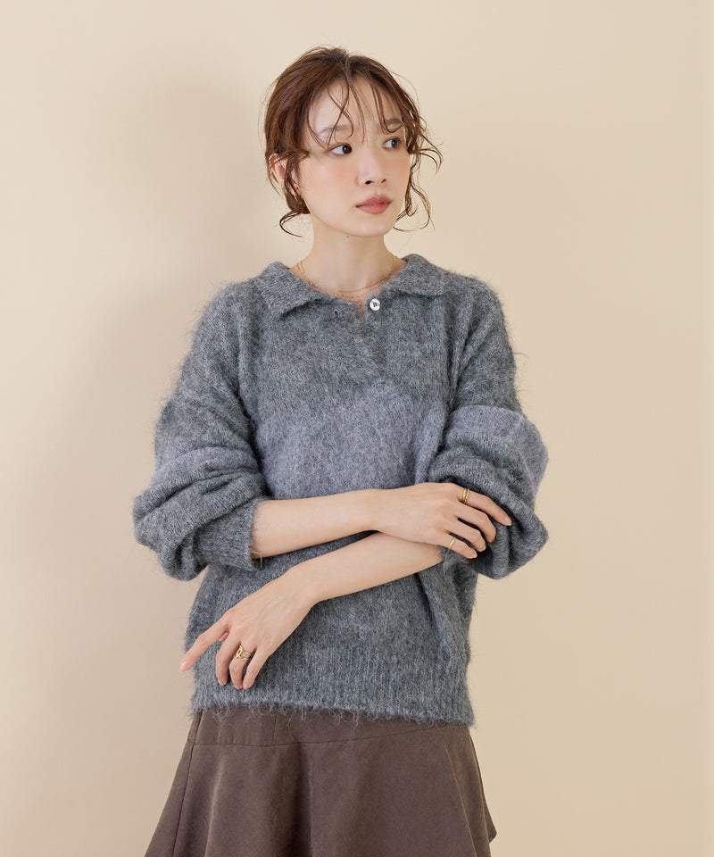 【スキッパーネックで抜け感アップ】シャギー配色スキッパーニットプルオーバー