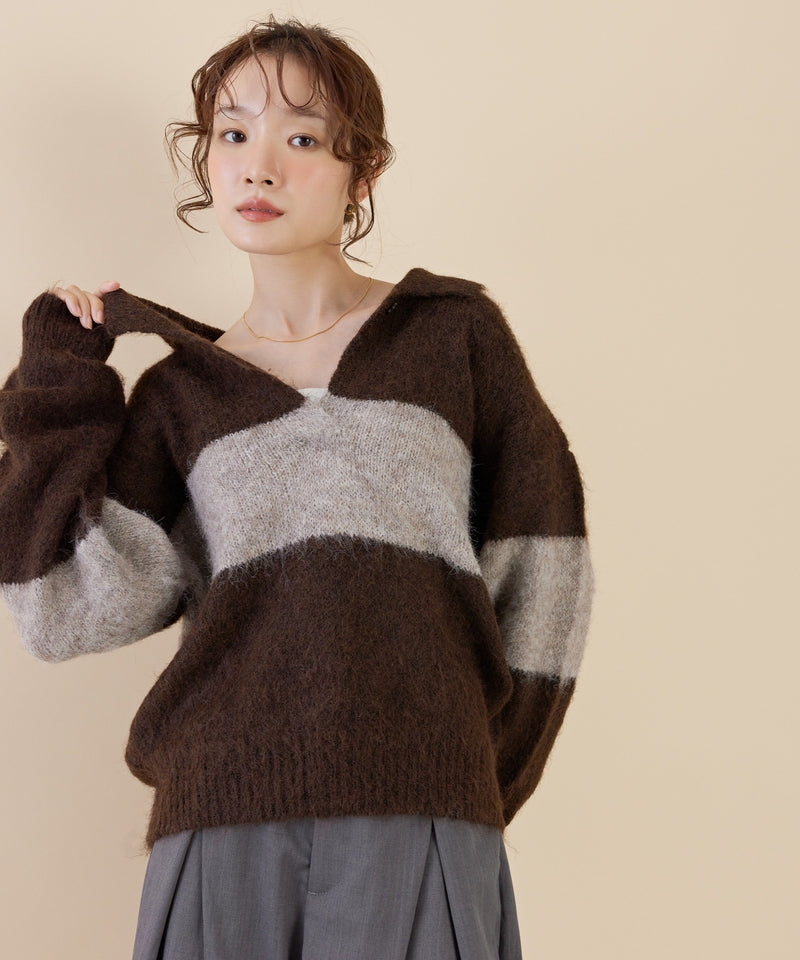【スキッパーネックで抜け感アップ】シャギー配色スキッパーニットプルオーバー