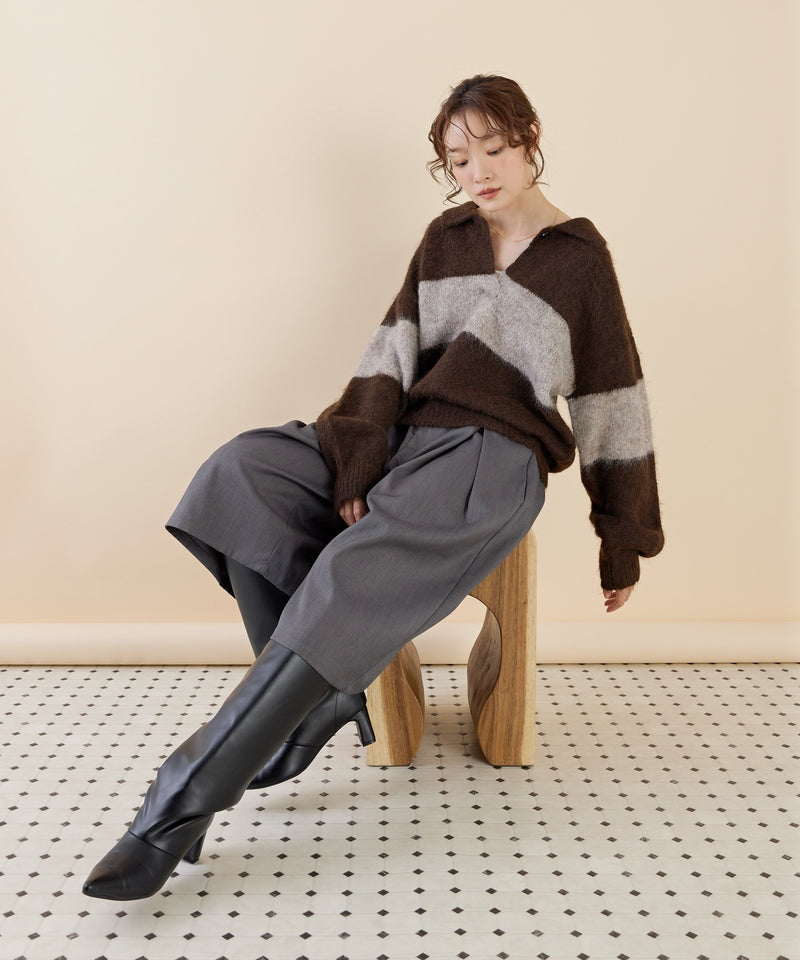 【スキッパーネックで抜け感アップ】シャギー配色スキッパーニットプルオーバー