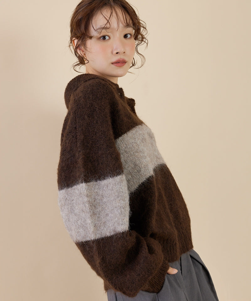【スキッパーネックで抜け感アップ】シャギー配色スキッパーニットプルオーバー