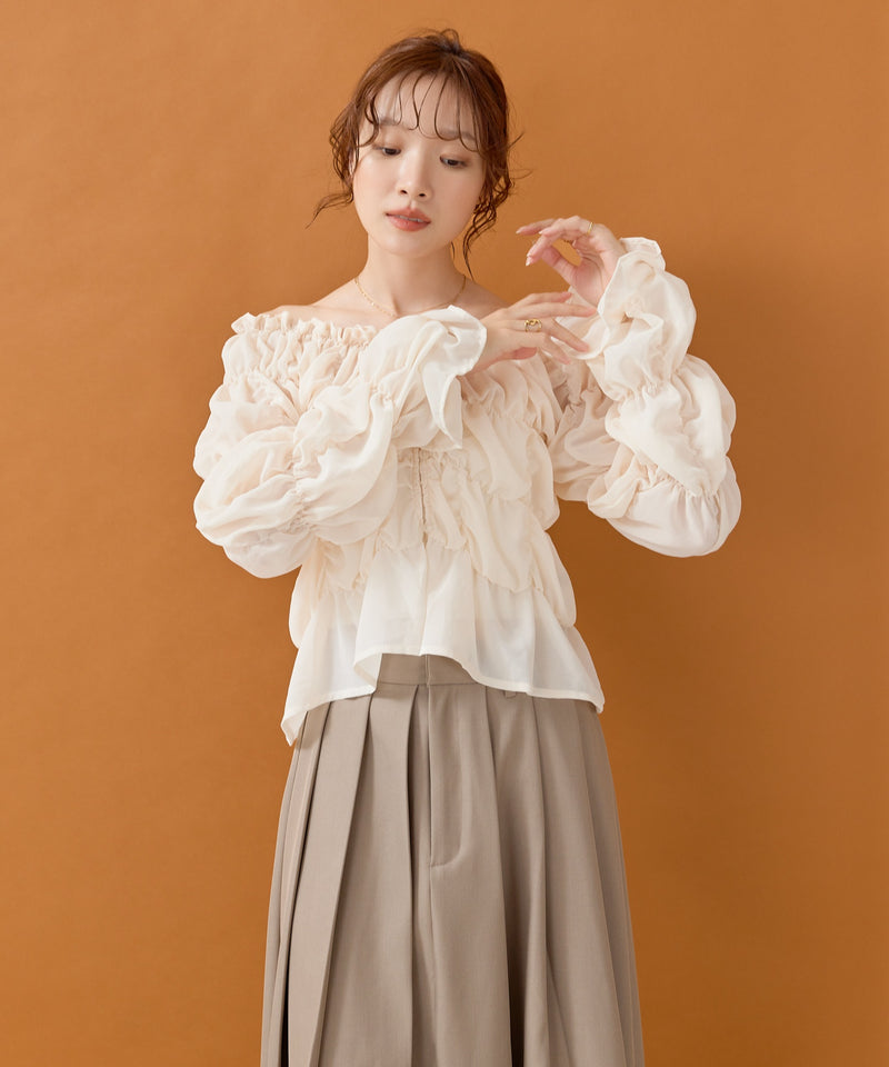 【全骨格対応 / 着痩せ◎】マルチウェイ シフォン長袖シャーリングブラウス/クシュクシュブラウス