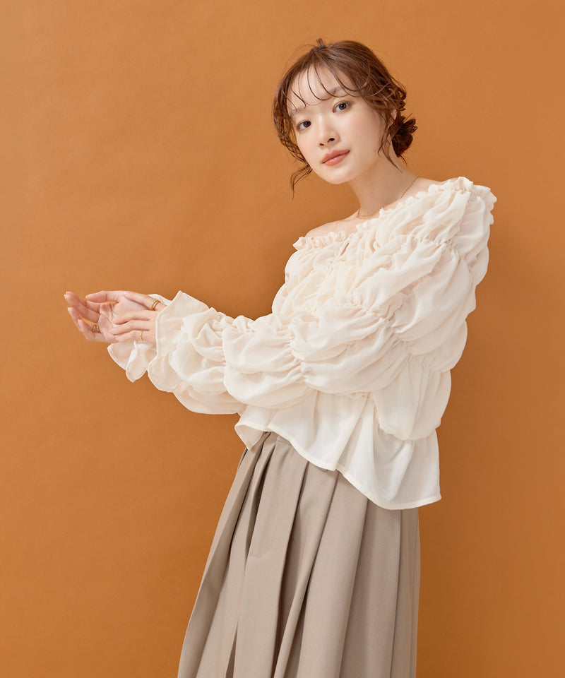 【全骨格対応 / 着痩せ◎】マルチウェイ シフォン長袖シャーリングブラウス/クシュクシュブラウス
