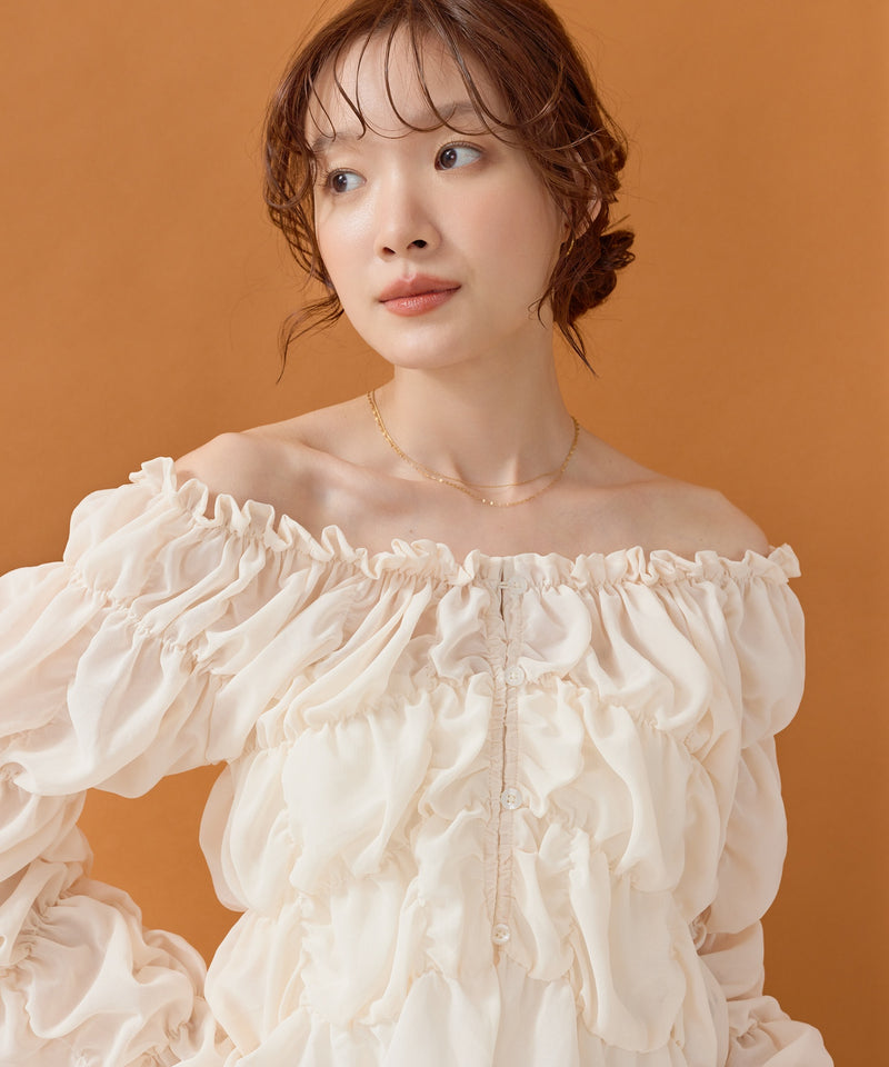 【全骨格対応 / 着痩せ◎】マルチウェイ シフォン長袖シャーリングブラウス/クシュクシュブラウス