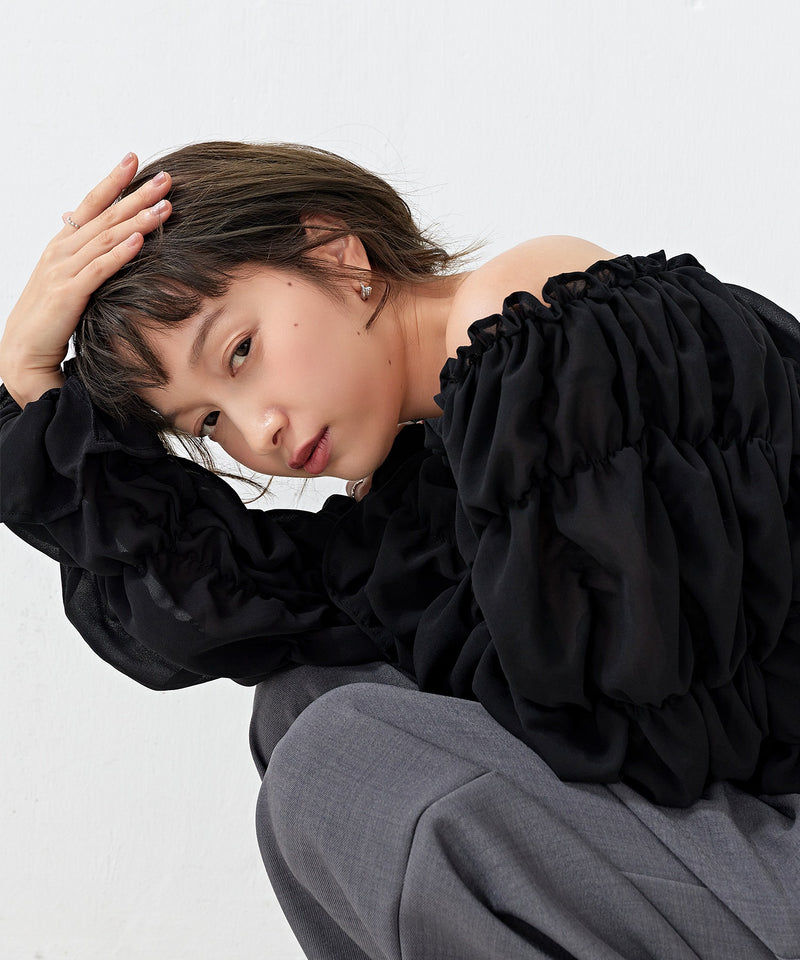 【全骨格対応 / 着痩せ◎】マルチウェイ シフォン長袖シャーリングブラウス/クシュクシュブラウス