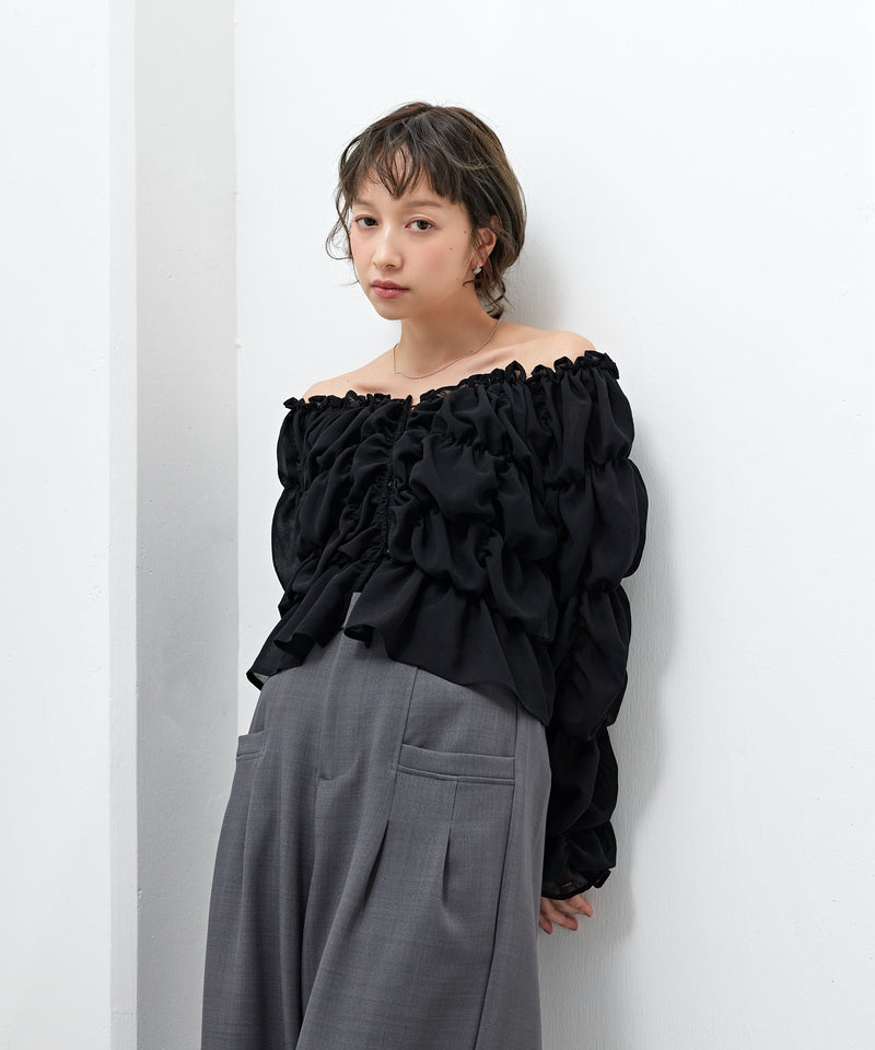 【全骨格対応 / 着痩せ◎】マルチウェイ シフォン長袖シャーリングブラウス/クシュクシュブラウス