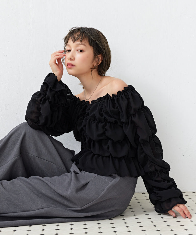 【全骨格対応 / 着痩せ◎】マルチウェイ シフォン長袖シャーリングブラウス/クシュクシュブラウス