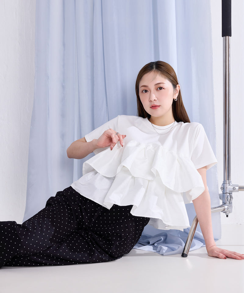 【1枚で華やぐ主役トップス】ナイロンドッキングフリルTシャツ