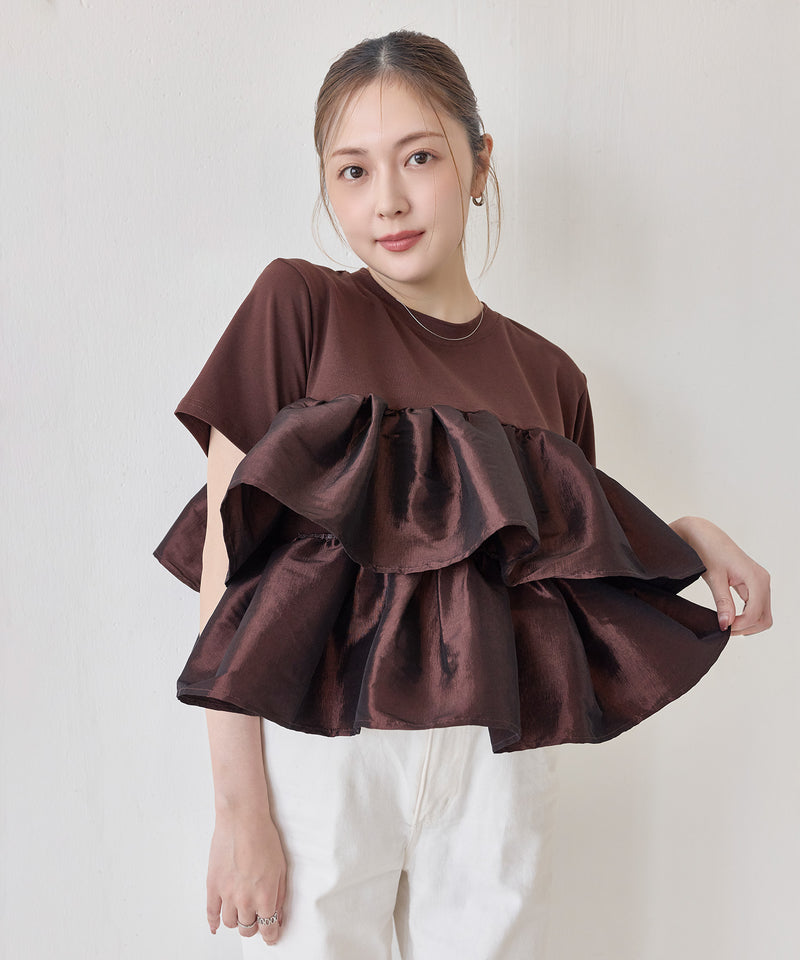 【1枚で華やぐ主役トップス】ナイロンドッキングフリルTシャツ