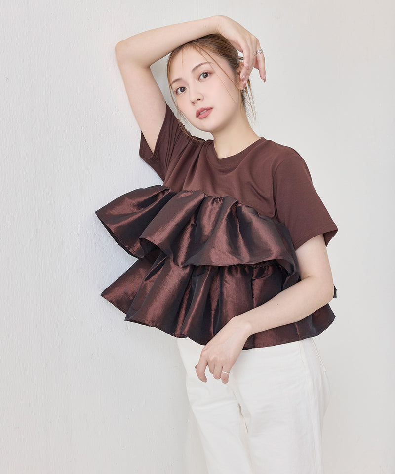 【1枚で華やぐ主役トップス】ナイロンドッキングフリルTシャツ