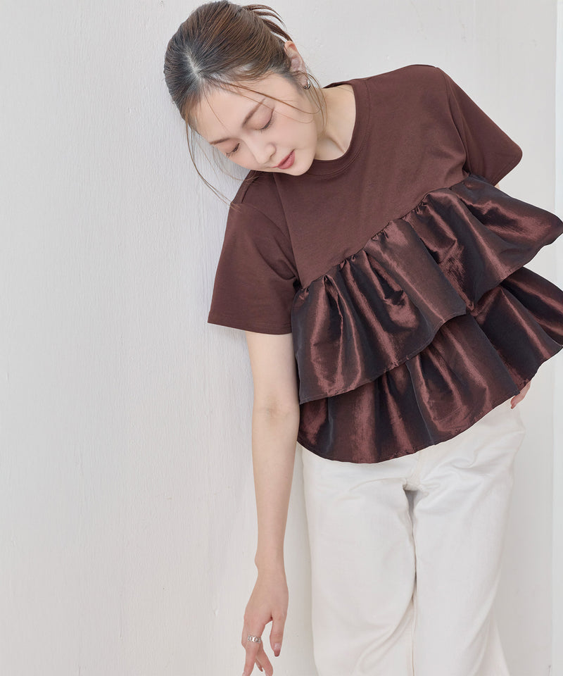 【1枚で華やぐ主役トップス】ナイロンドッキングフリルTシャツ