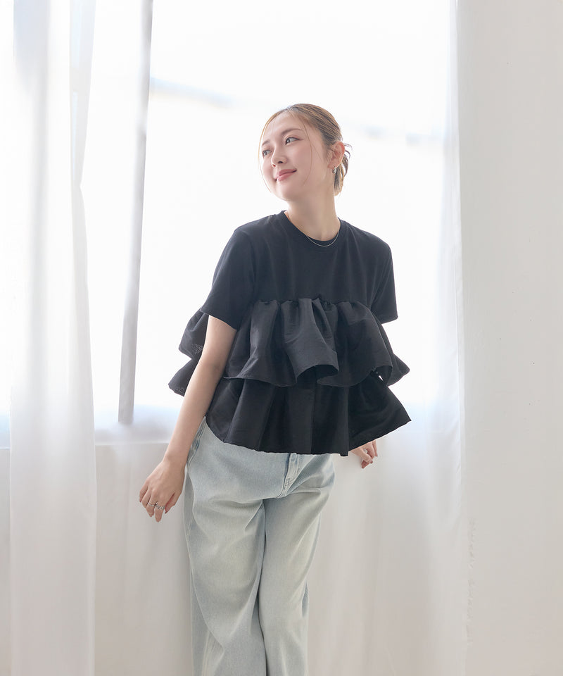 【1枚で華やぐ主役トップス】ナイロンドッキングフリルTシャツ