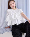 【1枚で華やぐ主役トップス】ナイロンドッキングフリルTシャツ