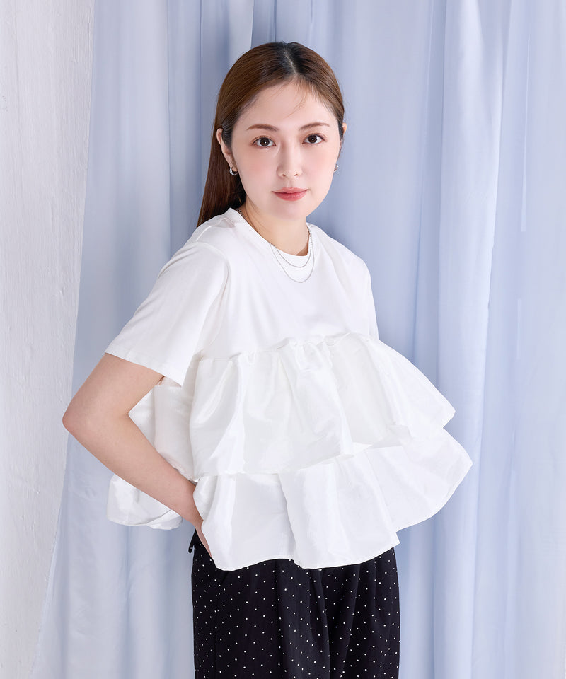 【1枚で華やぐ主役トップス】ナイロンドッキングフリルTシャツ