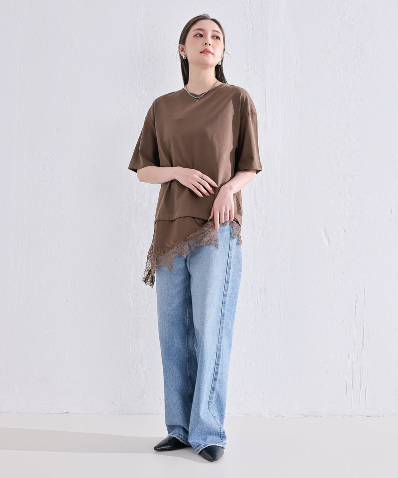 【コーデに迷わない】サテン レース レイヤード Tシャツ 半袖