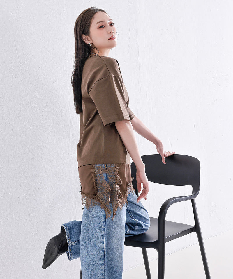 【コーデに迷わない】サテン レース レイヤード Tシャツ 半袖