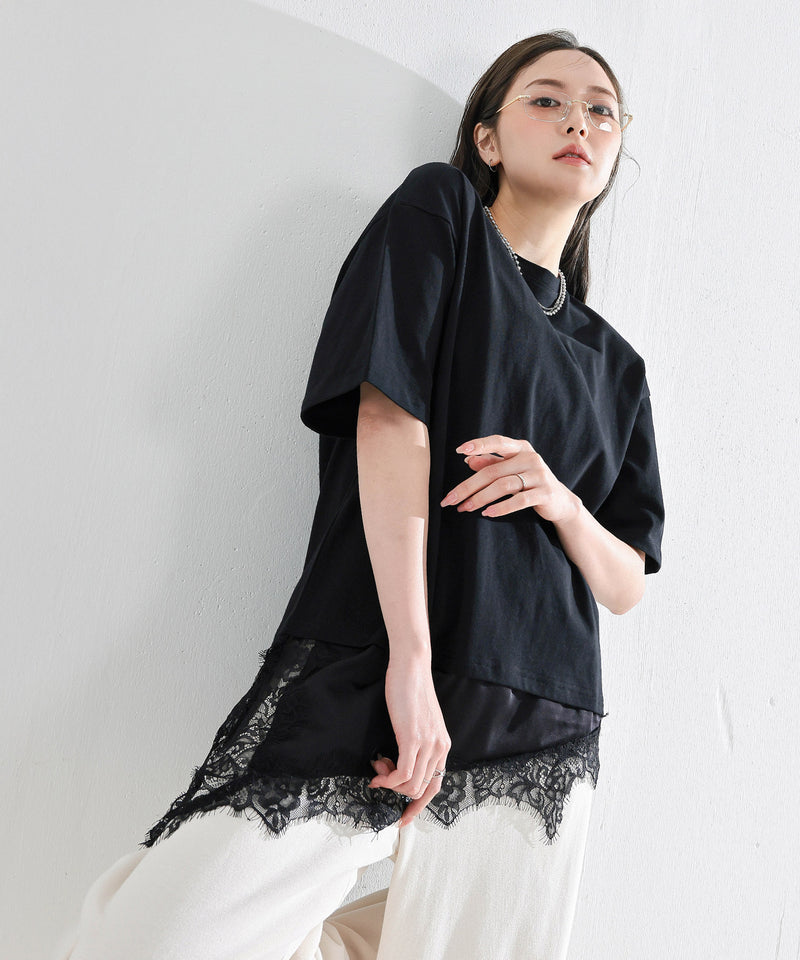 【コーデに迷わない】サテン レース レイヤード Tシャツ 半袖