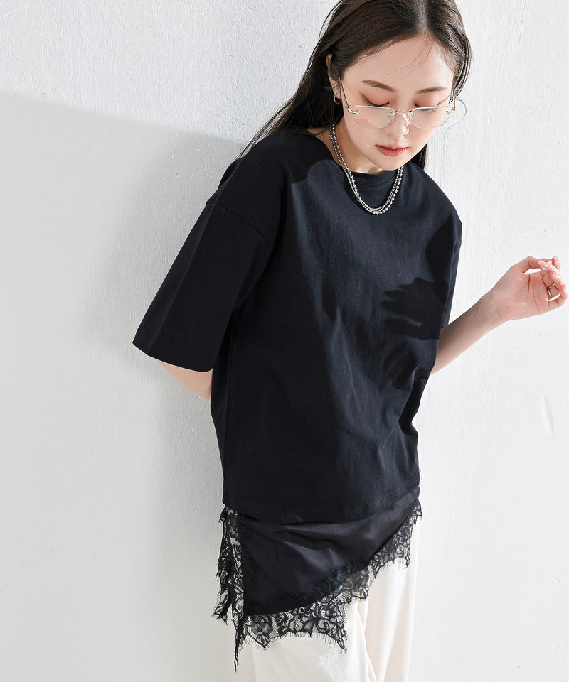【コーデに迷わない】サテン レース レイヤード Tシャツ 半袖