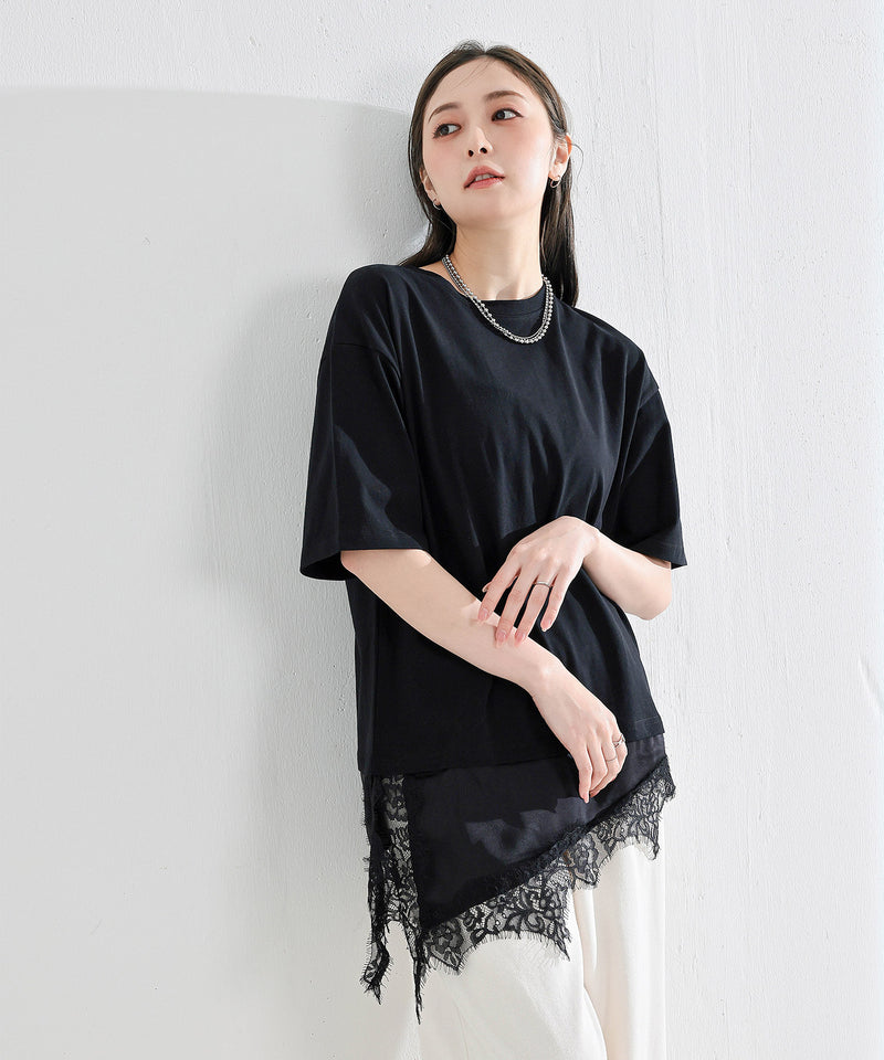【コーデに迷わない】サテン レース レイヤード Tシャツ 半袖