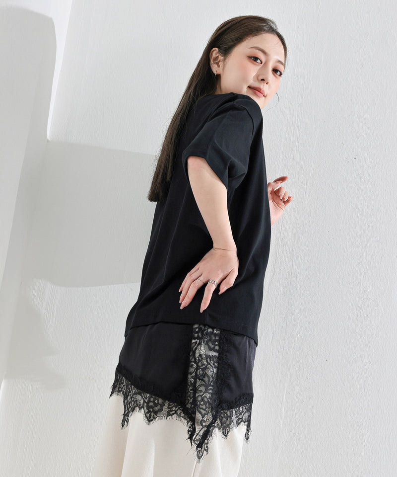 【コーデに迷わない】サテン レース レイヤード Tシャツ 半袖