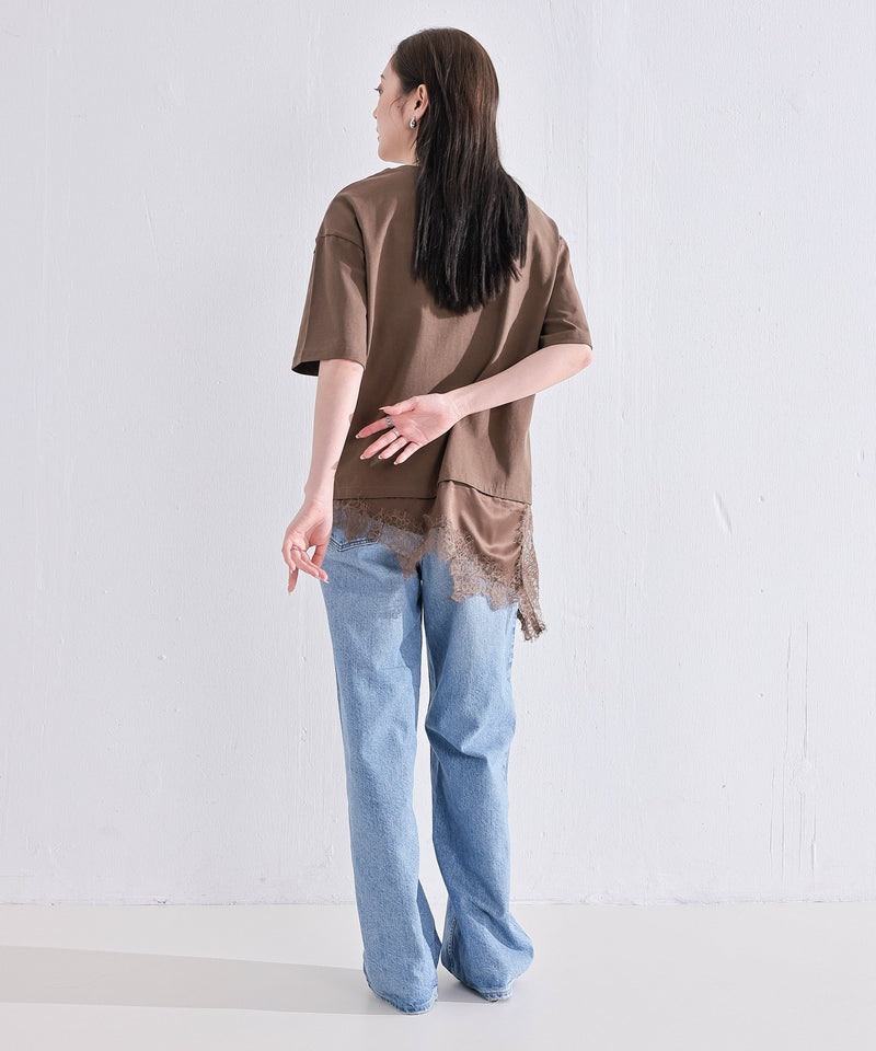 【コーデに迷わない】サテン レース レイヤード Tシャツ 半袖