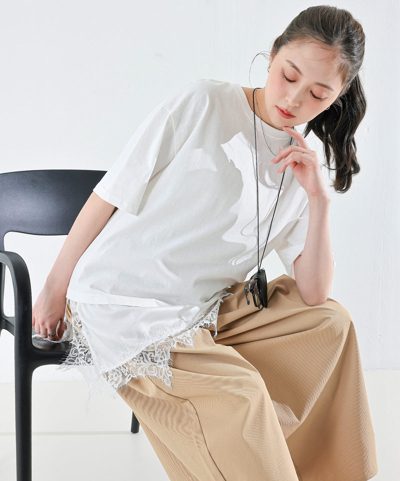 【コーデに迷わない】サテン レース レイヤード Tシャツ 半袖