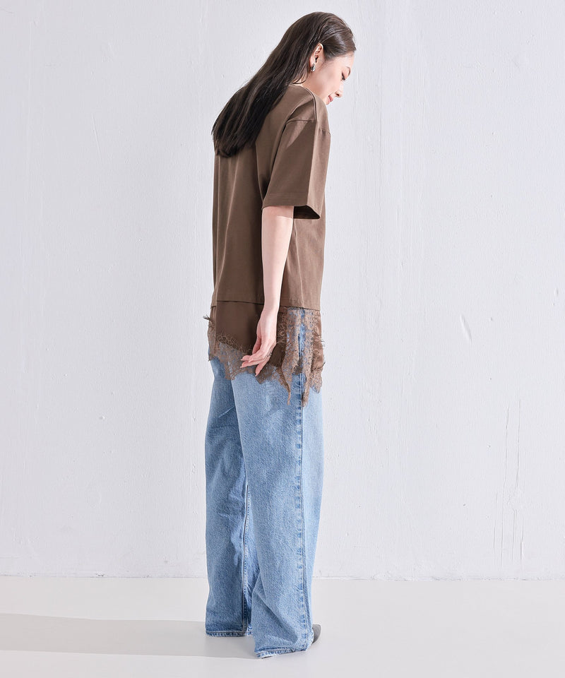 【コーデに迷わない】サテン レース レイヤード Tシャツ 半袖