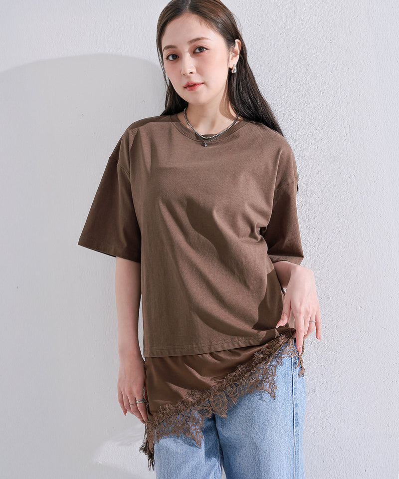 【コーデに迷わない】サテン レース レイヤード Tシャツ 半袖