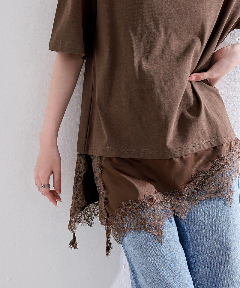 【コーデに迷わない】サテン レース レイヤード Tシャツ 半袖
