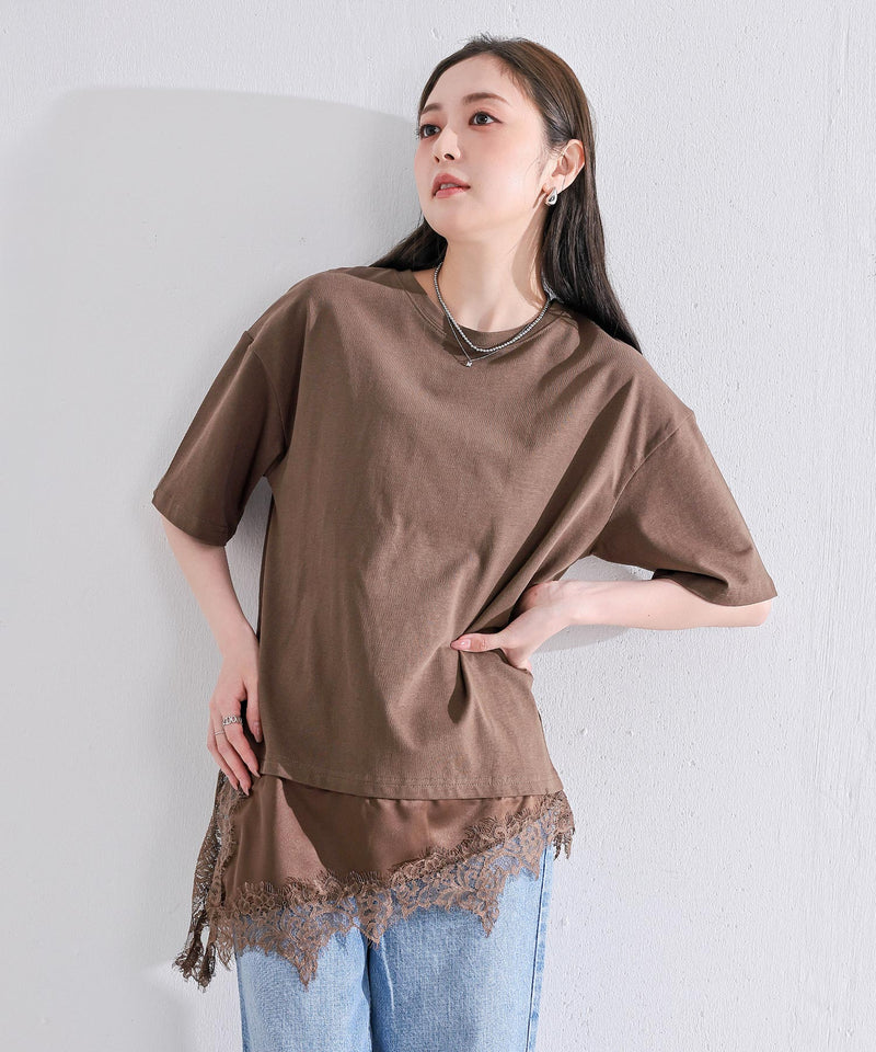 【コーデに迷わない】サテン レース レイヤード Tシャツ 半袖