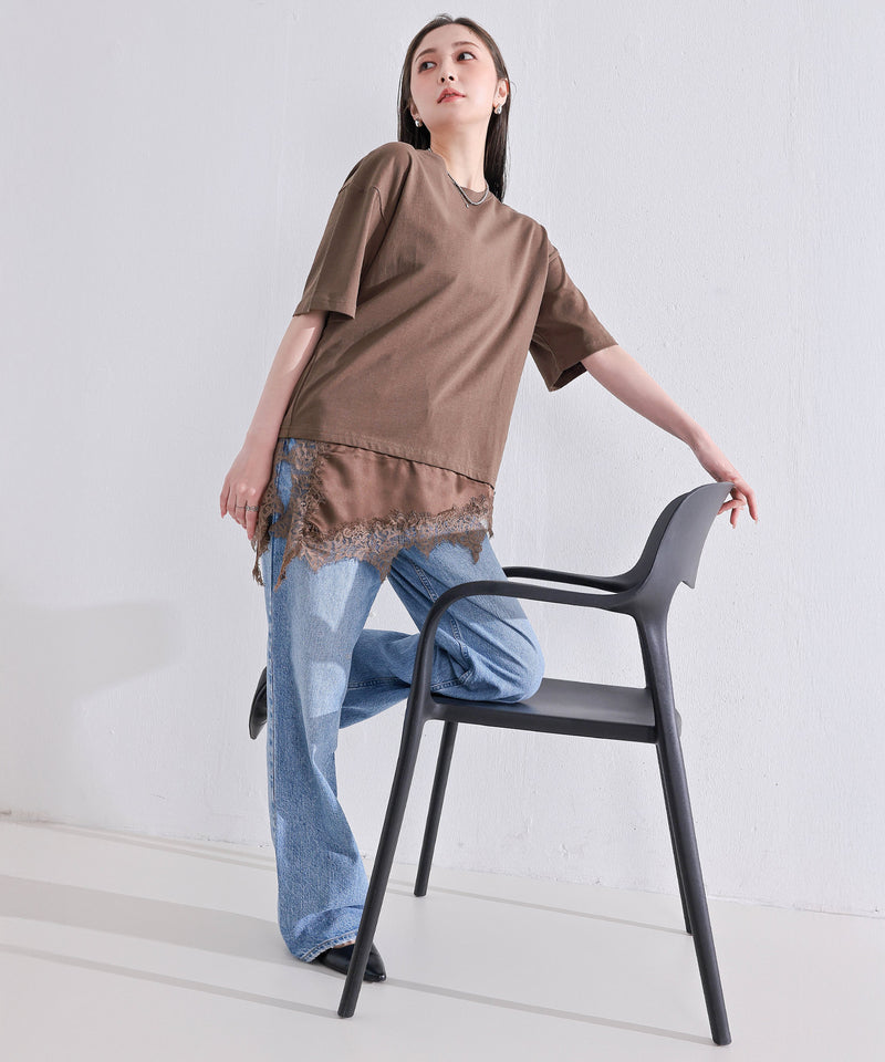 【コーデに迷わない】サテン レース レイヤード Tシャツ 半袖