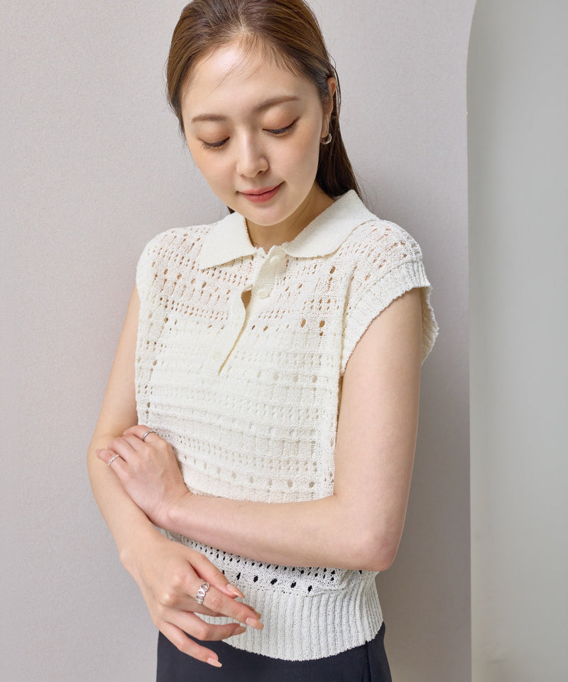 【抜け感漂う】ブークレー透かし編みポロニット トップス 半袖