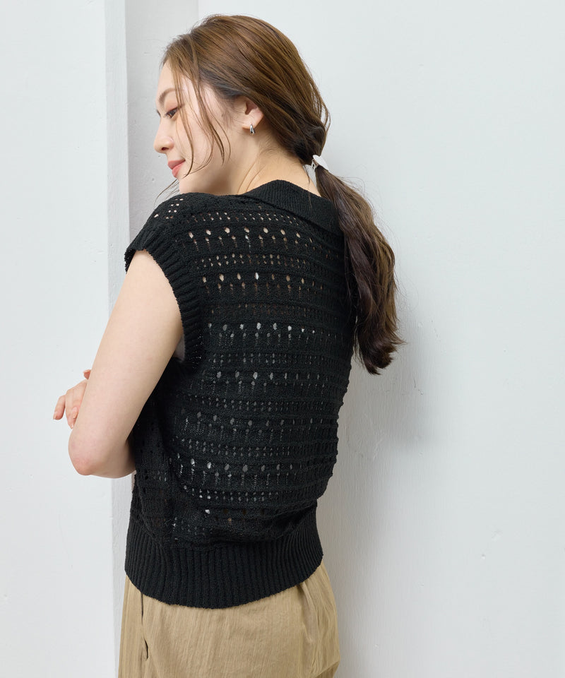 【抜け感漂う】ブークレー透かし編みポロニット トップス 半袖