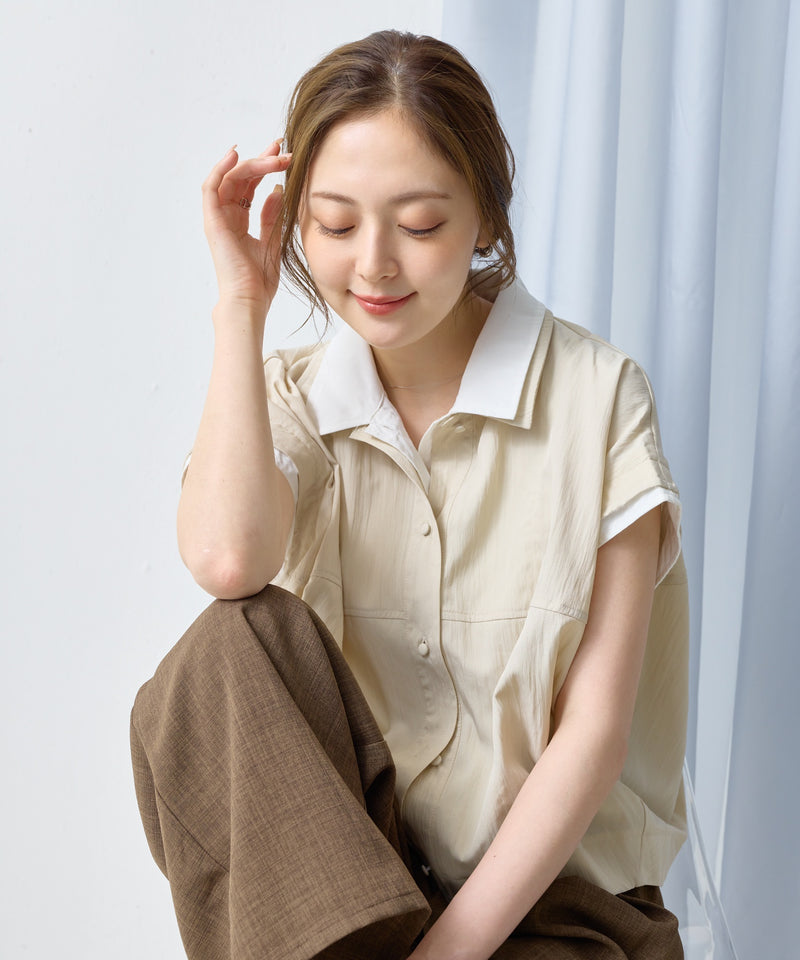 【こなれて見えるレイヤード風】リネンライク レイヤードコクーンシャツ