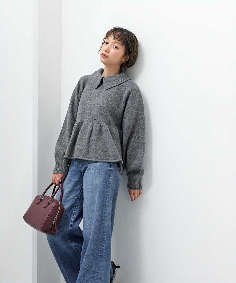 【ふんわり可愛いを叶える】襟付きペプラムニットトップス